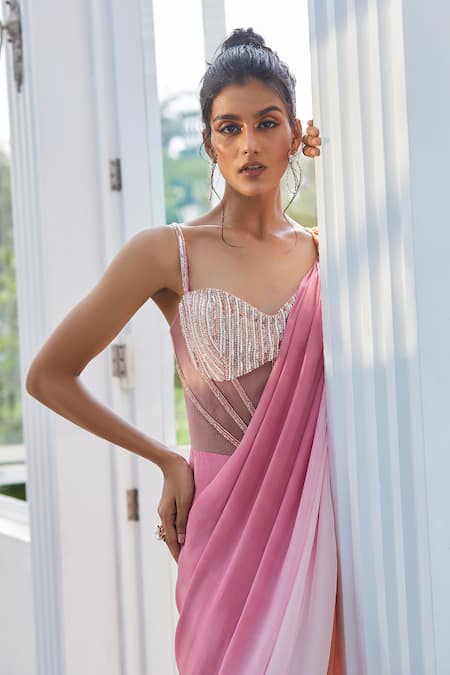Buy_Masumi Mewawalla X AZA_Multi Color Tulle, Crepe Pearls, Sequins, Cut Work Ombre Embroidered Saree Gown _Online_at_Aza_Fashions