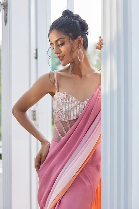Shop_Masumi Mewawalla X AZA_Multi Color Tulle, Crepe Pearls, Sequins, Cut Work Ombre Embroidered Saree Gown _Online_at_Aza_Fashions