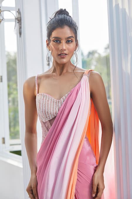 Shop_Masumi Mewawalla X AZA_Multi Color Tulle, Crepe Pearls, Sequins, Cut Work Ombre Embroidered Saree Gown 