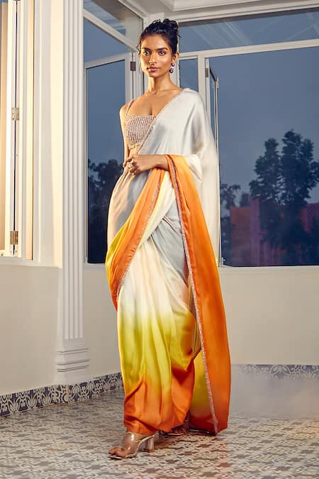 Masumi Mewawalla X AZA Sunset Ombre Pre-Draped Saree With Embroidered Blouse 