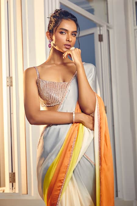 Buy Masumi Mewawalla X AZA Multi Color Satin, Sunset Ombre Pre-draped Saree With Embroidered Blouse Online at Aza Fashions Buy_Masumi Mewawalla X AZA_Multi Color Satin, Sunset Ombre Pre-draped Saree With Embroidered Blouse _Online_at_Aza_Fashions