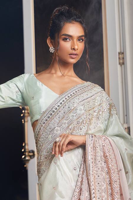 Shop_Masumi Mewawalla X AZA_Green Tissue Embroidery, Sequins V-neck Floral Pre-draped Saree With Blouse _Online_at_Aza_Fashions