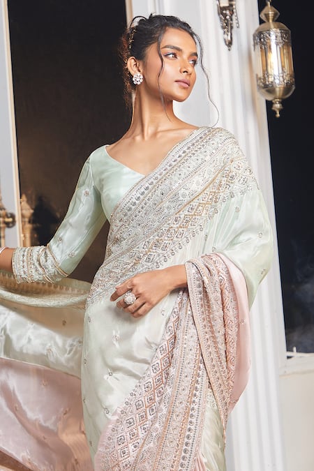 Buy_Masumi Mewawalla X AZA_Green Tissue Embroidery, Sequins V-neck Floral Pre-draped Saree With Blouse 