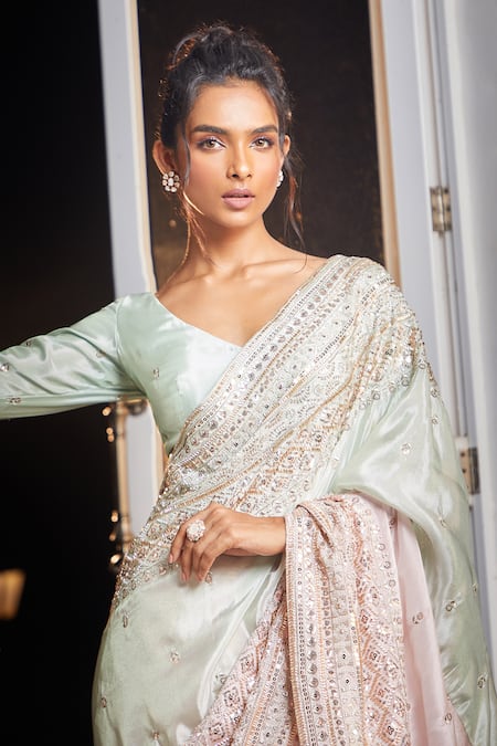 Shop_Masumi Mewawalla X AZA_Green Tissue Embroidery, Sequins V-neck Floral Pre-draped Saree With Blouse 