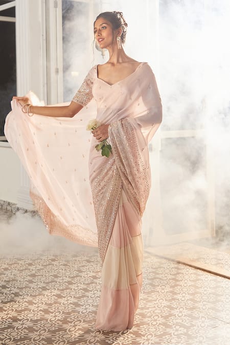Buy_Masumi Mewawalla X AZA_Pink Tissue Sequins, Cut Work, Embroidery Boat Pre-draped Saree With Blouse _Online_at_Aza_Fashions