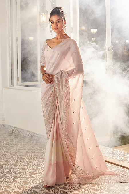 Masumi Mewawalla X AZA_Pink Tissue Sequins, Cut Work, Embroidery Boat Pre-draped Saree With Blouse _at_Aza_Fashions