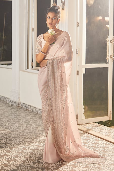 Shop_Masumi Mewawalla X AZA_Pink Tissue Sequins, Cut Work, Embroidery Boat Pre-draped Saree With Blouse 