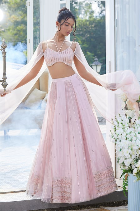 Buy Masumi Mewawalla X AZA Pink Tissue, Tulle Embroidery Scoop Neck Lehenga And Draped Blouse Set Online at Aza Fashions Buy_Masumi Mewawalla X AZA_Pink Tissue, Tulle Embroidery Scoop Neck Lehenga And Draped Blouse Set _Online_at_Aza_Fashions