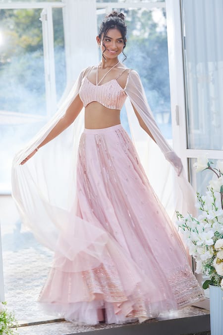 Shop Masumi Mewawalla X AZA Pink Tissue, Tulle Embroidery Scoop Neck Lehenga And Draped Blouse Set Online at Aza Fashions Shop_Masumi Mewawalla X AZA_Pink Tissue, Tulle Embroidery Scoop Neck Lehenga And Draped Blouse Set _Online_at_Aza_Fashions