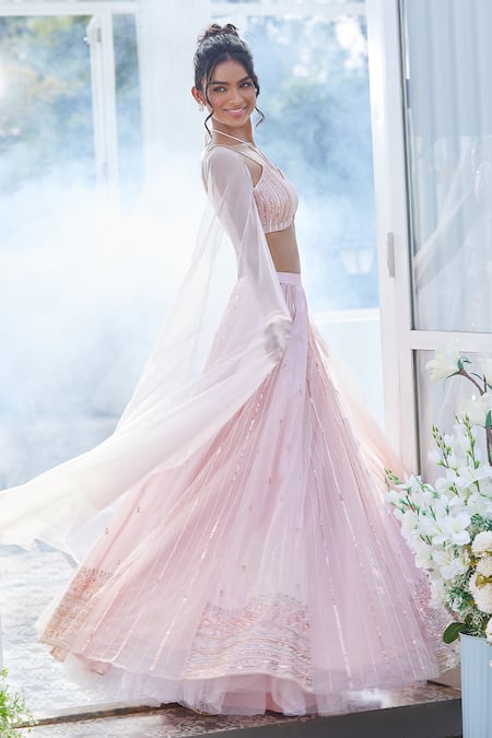 Masumi Mewawalla X AZA Pink Tissue, Tulle Embroidery Scoop Neck Lehenga And Draped Blouse Set at Aza Fashions Masumi Mewawalla X AZA_Pink Tissue, Tulle Embroidery Scoop Neck Lehenga And Draped Blouse Set _at_Aza_Fashions