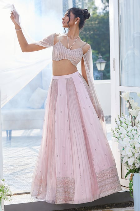 Shop Masumi Mewawalla X AZA Pink Tissue, Tulle Embroidery Scoop Neck Lehenga And Draped Blouse Set Shop_Masumi Mewawalla X AZA_Pink Tissue, Tulle Embroidery Scoop Neck Lehenga And Draped Blouse Set