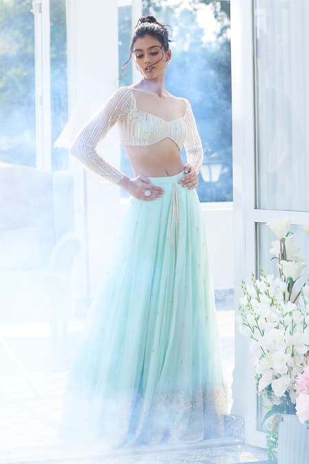 Buy Masumi Mewawalla X AZA Green Tissue, Maheshwari Sequins, Stones, Cut Floral Embroidered Lehenga Set Buy_Masumi Mewawalla X AZA_Green Tissue, Maheshwari Sequins, Stones, Cut Floral Embroidered Lehenga Set