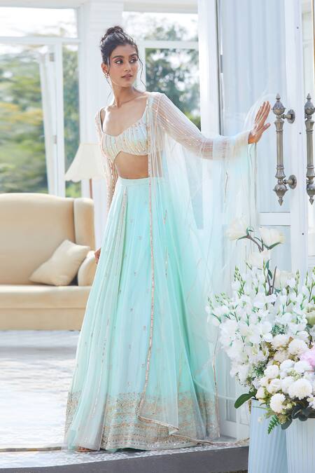Shop Masumi Mewawalla X AZA Green Tissue, Maheshwari Sequins, Stones, Cut Floral Embroidered Lehenga Set Shop_Masumi Mewawalla X AZA_Green Tissue, Maheshwari Sequins, Stones, Cut Floral Embroidered Lehenga Set