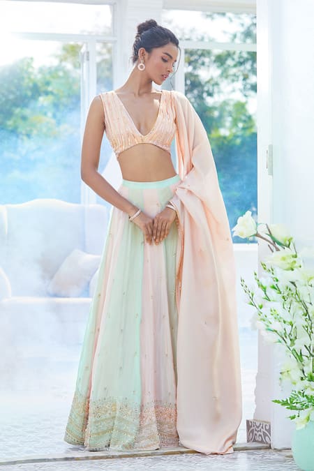 Shop Masumi Mewawalla X AZA Pink Tissue, Maheshwari Sequins, Cut Work, Color Block Embroidered Lehenga Set Online at Aza Fashions Shop_Masumi Mewawalla X AZA_Pink Tissue, Maheshwari Sequins, Cut Work, Color Block Embroidered Lehenga Set _Online_at_Aza_Fashions