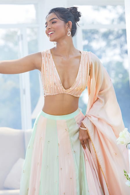 Masumi Mewawalla X AZA Pink Tissue, Maheshwari Sequins, Cut Work, Color Block Embroidered Lehenga Set at Aza Fashions Masumi Mewawalla X AZA_Pink Tissue, Maheshwari Sequins, Cut Work, Color Block Embroidered Lehenga Set _at_Aza_Fashions