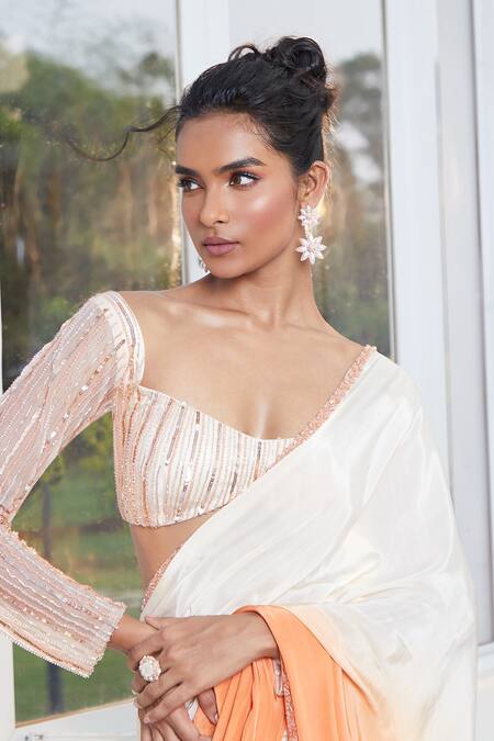 Shop Masumi Mewawalla X AZA Beige Tulle, Crepe Sequins, Stones Sunset Ombre Pre-draped Saree With Blouse Online at Aza Fashions Shop_Masumi Mewawalla X AZA_Beige Tulle, Crepe Sequins, Stones Sunset Ombre Pre-draped Saree With Blouse _Online_at_Aza_Fashions