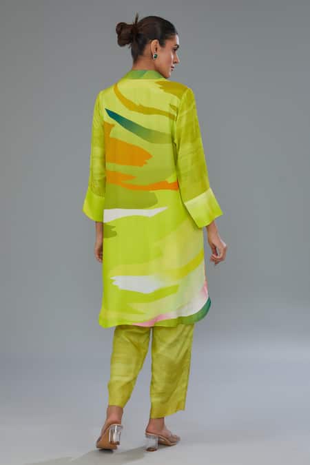 Shop Kahani Lush Green Cotton, Silk Collared Abstract Print Shirt Kurta And Pant Set at Aza Fashions Shop_Kahani Lush_Green Cotton, Silk Collared Abstract Print Shirt Kurta And Pant Set _at_Aza_Fashions