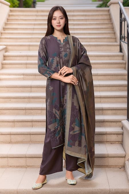 Samyukta Singhania Brown Silk Blend Printed Geometric Round Kurta Pant Set 