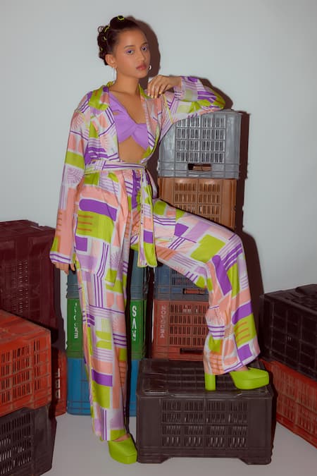 Nirmooha Multi Color Cotton Collared Abstract Print Jacket With Pant Online at Aza Fashions Nirmooha_Multi Color Cotton Collared Abstract Print Jacket With Pant _Online_at_Aza_Fashions