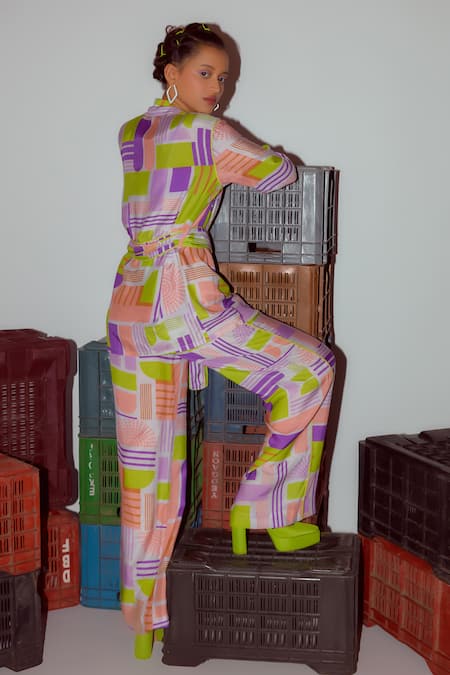 Buy Nirmooha Multi Color Cotton Collared Abstract Print Jacket With Pant Online at Aza Fashions Buy_Nirmooha_Multi Color Cotton Collared Abstract Print Jacket With Pant _Online_at_Aza_Fashions