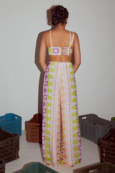 Shop Nirmooha Multi Color Chiffon Asymmetric Abstract Geometric Print Bralette With Pant at Aza Fashions Shop_Nirmooha_Multi Color Chiffon Asymmetric Abstract Geometric Print Bralette With Pant _at_Aza_Fashions