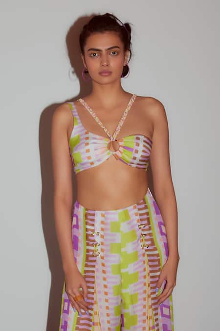 Nirmooha Multi Color Chiffon Asymmetric Abstract Geometric Print Bralette With Pant Online at Aza Fashions Nirmooha_Multi Color Chiffon Asymmetric Abstract Geometric Print Bralette With Pant _Online_at_Aza_Fashions