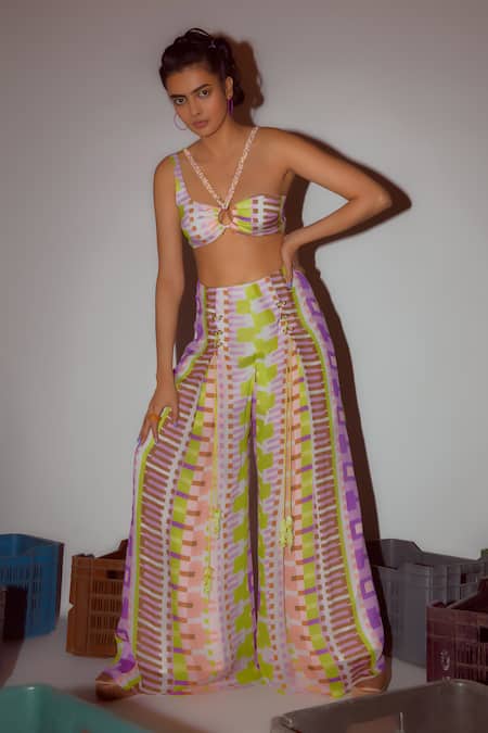 Buy Nirmooha Multi Color Chiffon Asymmetric Abstract Geometric Print Bralette With Pant Online at Aza Fashions Buy_Nirmooha_Multi Color Chiffon Asymmetric Abstract Geometric Print Bralette With Pant _Online_at_Aza_Fashions