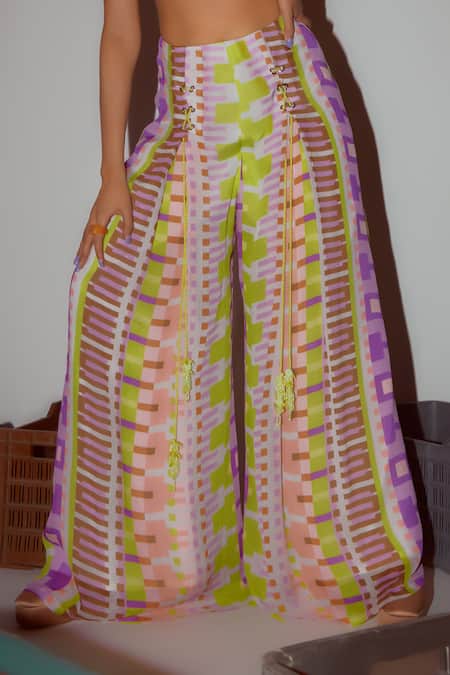 Shop Nirmooha Multi Color Chiffon Asymmetric Abstract Geometric Print Bralette With Pant Online at Aza Fashions Shop_Nirmooha_Multi Color Chiffon Asymmetric Abstract Geometric Print Bralette With Pant _Online_at_Aza_Fashions