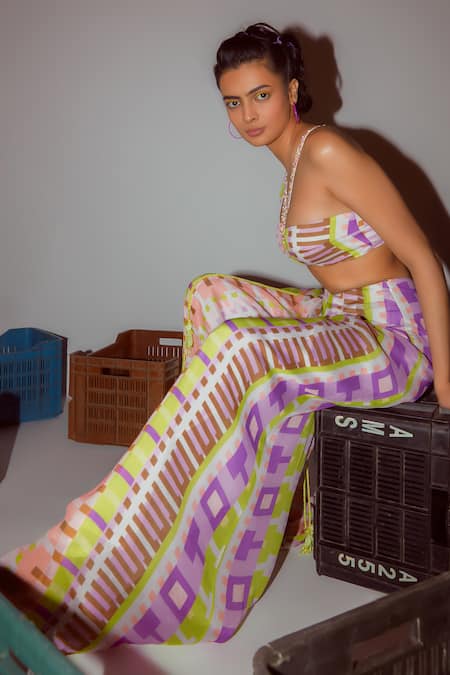 Nirmooha Multi Color Chiffon Asymmetric Abstract Geometric Print Bralette With Pant at Aza Fashions Nirmooha_Multi Color Chiffon Asymmetric Abstract Geometric Print Bralette With Pant _at_Aza_Fashions