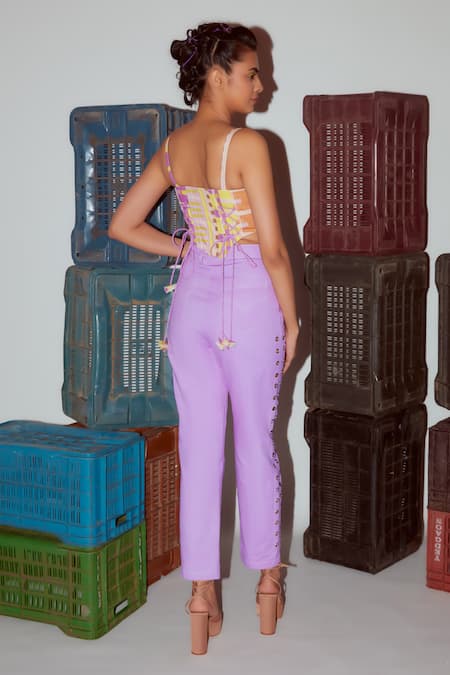 Shop_Nirmooha_Multi Color Denim Abstract Geometric Print Corset With Pant _at_Aza_Fashions