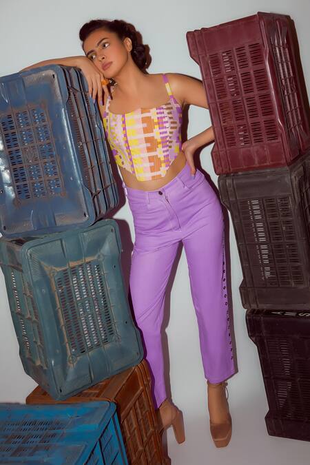 Nirmooha_Multi Color Denim Abstract Geometric Print Corset With Pant _Online_at_Aza_Fashions