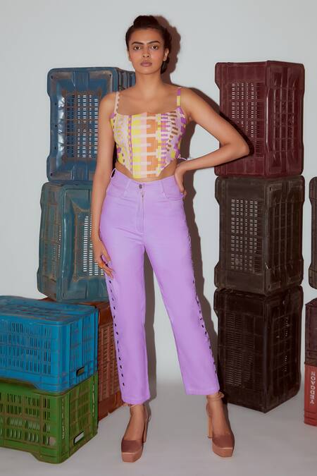 Buy_Nirmooha_Multi Color Denim Abstract Geometric Print Corset With Pant _Online_at_Aza_Fashions