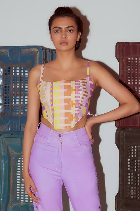 Nirmooha_Multi Color Denim Abstract Geometric Print Corset With Pant _at_Aza_Fashions