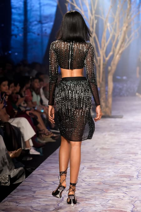 Nirmooha Sheer Sequin Embroidered Crop Top With Skirt 