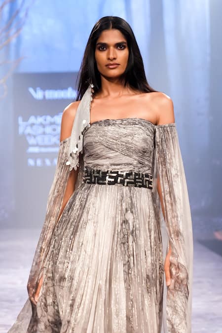 Nirmooha_White Lurex Buckles, Metallic Thread Off-shoulder Forest Fog Print Shimmer Gown _Online_at_Aza_Fashions