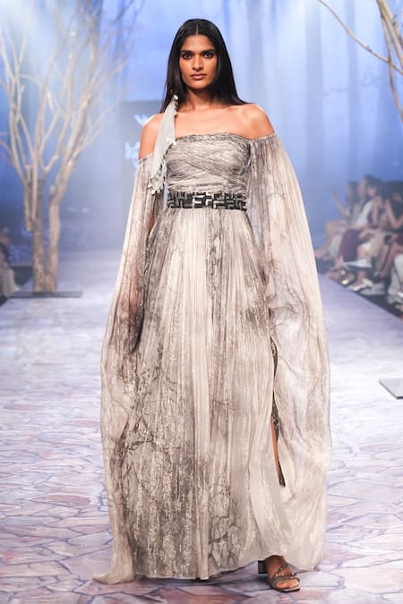 Buy_Nirmooha_White Lurex Buckles, Metallic Thread Off-shoulder Forest Fog Print Shimmer Gown _Online_at_Aza_Fashions