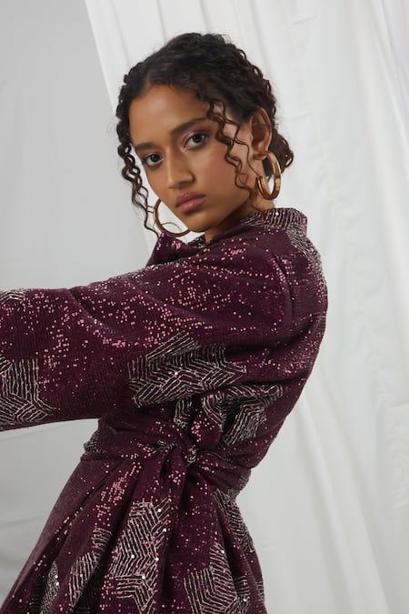 Nirmooha_Wine Crepe, Microfiber Sequins, Beads Embroidered Peplum Jacket With Skirt _Online_at_Aza_Fashions