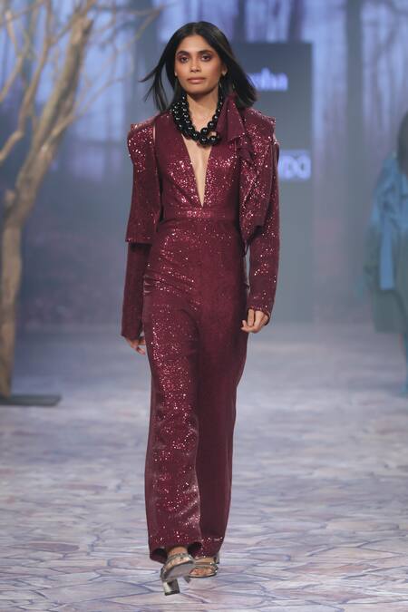 Nirmooha_Wine Silk Sequins Plunge Neck Embroidered Jumpsuit With Blazer _Online_at_Aza_Fashions