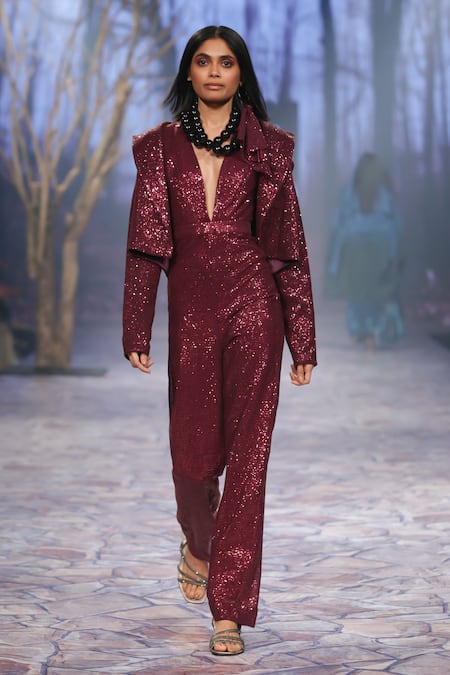 Buy_Nirmooha_Wine Silk Sequins Plunge Neck Embroidered Jumpsuit With Blazer _Online_at_Aza_Fashions