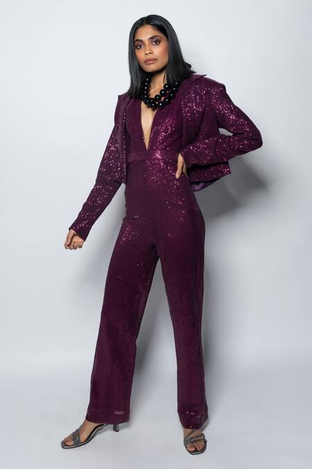 Nirmooha_Wine Silk Sequins Plunge Neck Embroidered Jumpsuit With Blazer _at_Aza_Fashions