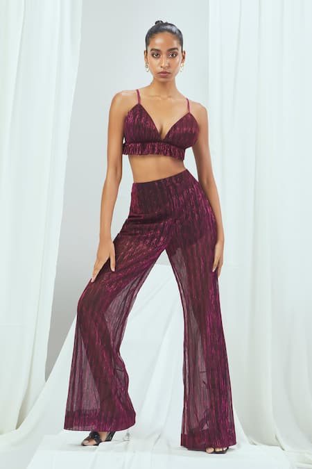 Nirmooha Wine Platinoir (metallic) Plain Plunge Bralette With Flared Pant 