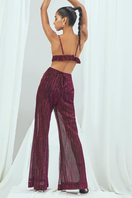 Nirmooha Wine Polyester Ruffles Plunge Neck Metallic Bralette With Flared Pant Online at Aza Fashions Nirmooha_Wine Polyester Ruffles Plunge Neck Metallic Bralette With Flared Pant _Online_at_Aza_Fashions