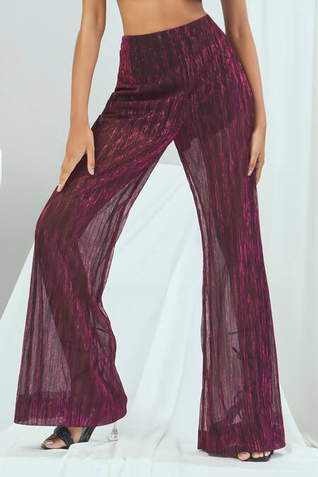 Buy Nirmooha Wine Polyester Ruffles Plunge Neck Metallic Bralette With Flared Pant Online at Aza Fashions Buy_Nirmooha_Wine Polyester Ruffles Plunge Neck Metallic Bralette With Flared Pant _Online_at_Aza_Fashions