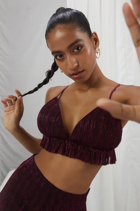 Shop Nirmooha Wine Polyester Ruffles Plunge Neck Metallic Bralette With Flared Pant Online at Aza Fashions Shop_Nirmooha_Wine Polyester Ruffles Plunge Neck Metallic Bralette With Flared Pant _Online_at_Aza_Fashions