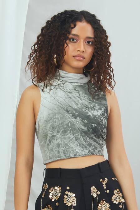 Buy Nirmooha Black Crepe, Cotton Sequins Bandeau Neck Forest Print Top With Shorts Online at Aza Fashions Buy_Nirmooha_Black Crepe, Cotton Sequins Bandeau Neck Forest Print Top With Shorts _Online_at_Aza_Fashions