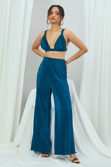 Nirmooha Blue Plunge Bralette With Pant 