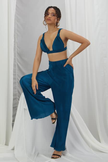 Shop_Nirmooha_Blue Cotton Embroidery Plunge Neck Pleated Bralette With Pant _Online_at_Aza_Fashions