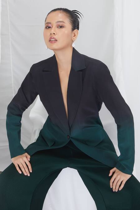 Buy_Nirmooha_Emerald Green Crepe Ombre Blazer With Pant _Online_at_Aza_Fashions
