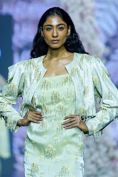 Nirmooha_Green Georgette, Organza Sequins, Beads, Detailed Dress With Cropped Jacket _Online_at_Aza_Fashions