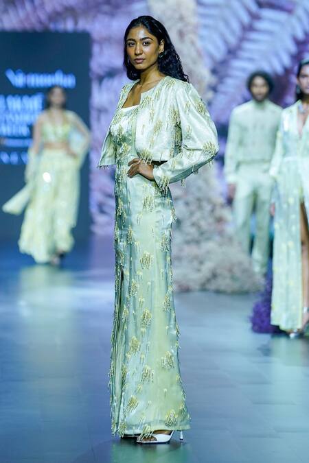 Buy_Nirmooha_Green Georgette, Organza Sequins, Beads, Detailed Dress With Cropped Jacket _Online_at_Aza_Fashions